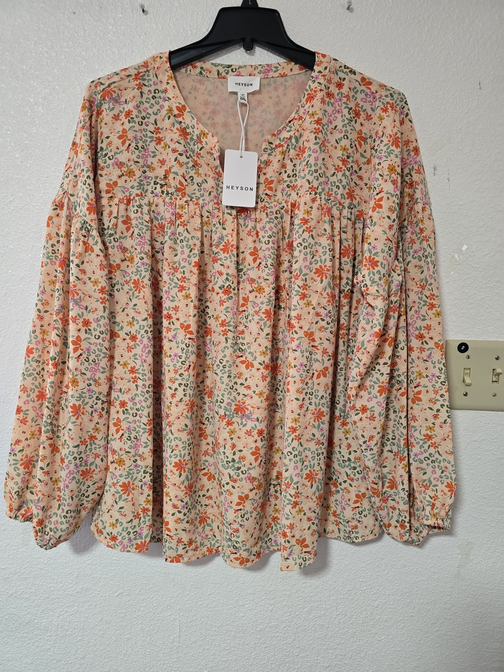 NWT Heyson Floral Babydoll Top 2XL Boho V-Neck Long Sleeve Peasant Blouse Plus
